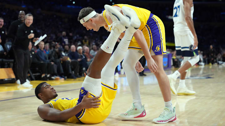 Oct 24, 2025; Los Angeles, California, USA; Los Angeles Lakers forward Rui Hachimura (28) and guard Austin Reaves (15) celebrate in the second half against the Minnesota Timberwolves at Crypto.com Arena. Mandatory Credit: Kirby Lee-Imagn Images