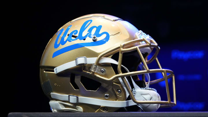 Jul 29, 2022; Los Angeles, CA, USA; A detailed view of UCLA Bruins helmet during Pac-12 Media Day at Novo Theater. Mandatory Credit: Kirby Lee-Imagn Images