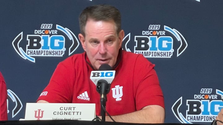 Indiana coach Curt Cignetti speaks to reporters Dec. 7, 2025, after winning the Big Ten Championship at Lucas Oil Stadium in Indianapolis. Indiana coach Curt Cignetti speaks to reporters Dec. 7, 2025, after winning the Big Ten Championship at Lucas Oil Stadium in Indianapolis.