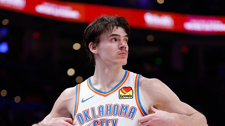 Apr 12, 2026; Oklahoma City, Oklahoma, USA; Oklahoma City Thunder forward Brooks Barnhizer (23) walks down the court during a game against the Phoenix Suns in the second half at Paycom Center. Mandatory Credit: Alonzo Adams-Imagn Images Apr 12, 2026; Oklahoma City, Oklahoma, USA; Oklahoma City Thunder forward Brooks Barnhizer (23) walks down the court during a game against the Phoenix Suns in the second half at Paycom Center. Mandatory Credit: Alonzo Adams-Imagn Images