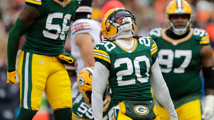 Green Bay Packers safety Javon Bullard (20) celebrates making a tackle against the Chicago Bears during their football game Sunday, January 5, 2025, at Lambeau Field in Green Bay, Wisconsin.