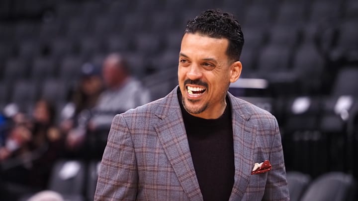 Mar 7, 2022; Sacramento, California, USA; Former NBA player Matt Barnes smiles on the court before the game between the Sacramento Kings and New York Knicks at Golden 1 Center. Mandatory Credit: Kelley L Cox-Imagn Images