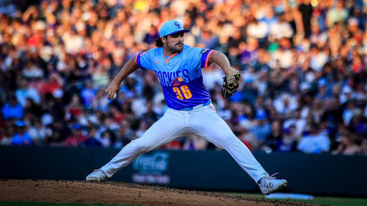 Jul 4, 2025; Denver, Colorado, USA; Colorado Rockies pitcher Zach Agnos (36) pitches during the game against the Chicago White Sox at Coors Field.