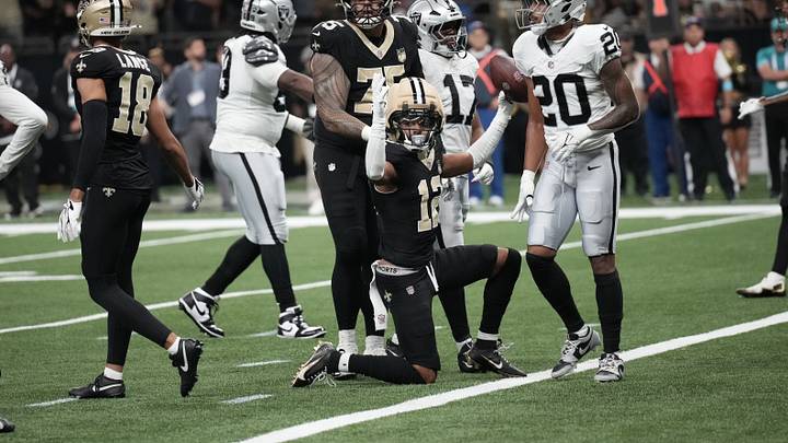 Sep 27, 2026; New Orleans, Louisiana, USA; New Orleans Saints wide receiver Chris Olave (12) reacts in the second half against the Las Vegas Raiders at Caesars Superdome. Mandatory Credit: Matthew Hinton-Imagn Images Sep 27, 2026; New Orleans, Louisiana, USA; New Orleans Saints wide receiver Chris Olave (12) reacts in the second half against the Las Vegas Raiders at Caesars Superdome. Mandatory Credit: Matthew Hinton-Imagn Images