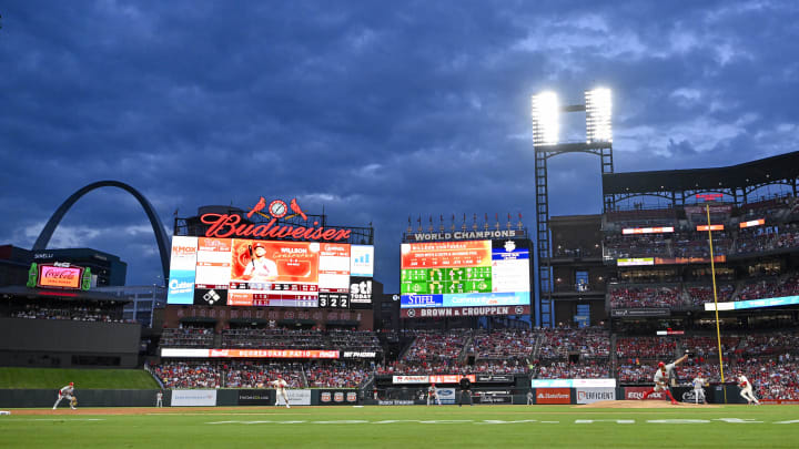 Sep 16, 2023; St. Louis, Missouri, USA; A general view as Philadelphia Phillies starting pitcher Ranger Suarez (55) pitches against the St. Louis Cardinals during the third inning at Busch Stadium. Mandatory Credit: Jeff Curry-USA TODAY Sports Sep 16, 2023; St. Louis, Missouri, USA; A general view as Philadelphia Phillies starting pitcher Ranger Suarez (55) pitches against the St. Louis Cardinals during the third inning at Busch Stadium. Mandatory Credit: Jeff Curry-USA TODAY Sports