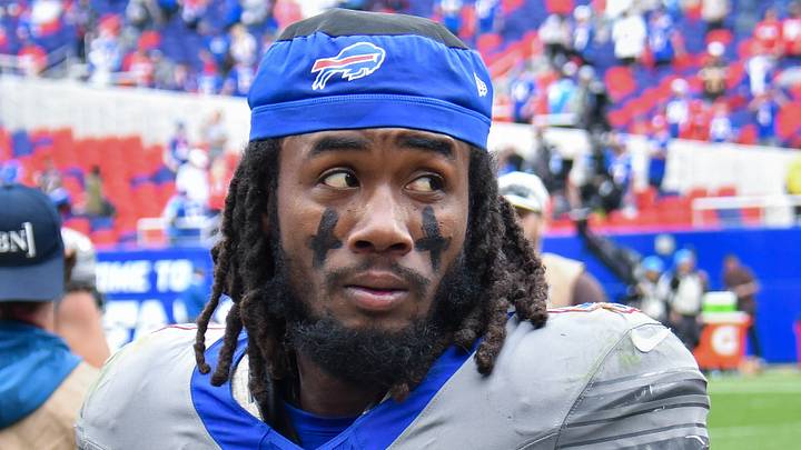 Sep 27, 2026; Orchard Park, New York, USA; Buffalo Bills running back James Cook (4) on the field after a game against the Los Angeles Chargers at New Highmark Stadium. Mandatory Credit: Mark Konezny-Imagn Images
