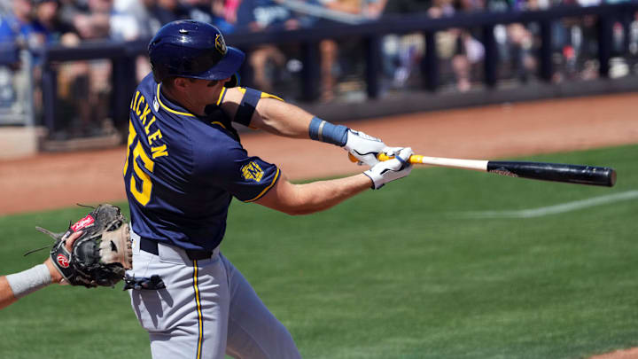 Mar 14, 2024; Peoria, Arizona, USA; Milwaukee Brewers right fielder Brewer Hicklen (75) bats against the Seattle Mariners during the third inning at Peoria Sports Complex. 