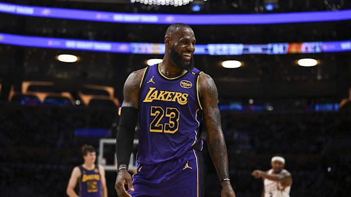 Oct 25, 2024; Los Angeles, California, USA; Los Angeles Lakers forward LeBron James (23) reacts against the Phoenix Suns during the second half at Crypto.com Arena. Mandatory Credit: Jonathan Hui-Imagn Images Oct 25, 2024; Los Angeles, California, USA; Los Angeles Lakers forward LeBron James (23) reacts against the Phoenix Suns during the second half at Crypto.com Arena. Mandatory Credit: Jonathan Hui-Imagn Images