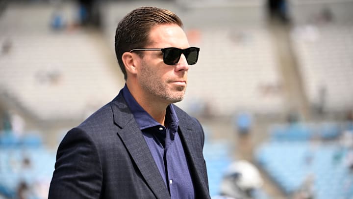 Oct 5, 2025; Charlotte, North Carolina, USA; Carolina Panthers general manager Dan Morgan on the field before the gsme at Bank of America Stadium. Mandatory Credit: Bob Donnan-Imagn Images