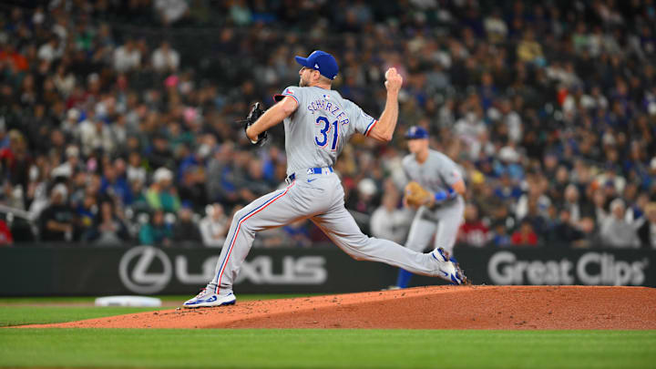 Sep 14, 2024; Seattle, Washington, USA; Texas Rangers starting pitcher Max Scherzer (31) pitches to the Seattle Mariners during the first inning at T-Mobile Park. 