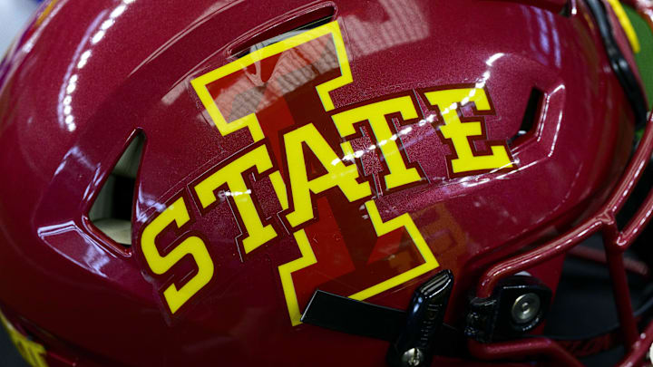 Jul 14, 2022; Arlington, TX, USA; A view of the Iowa State Cyclones helmet logo during the Big 12 Media Day at AT&T Stadium. Jul 14, 2022; Arlington, TX, USA; A view of the Iowa State Cyclones helmet logo during the Big 12 Media Day at AT&T Stadium.