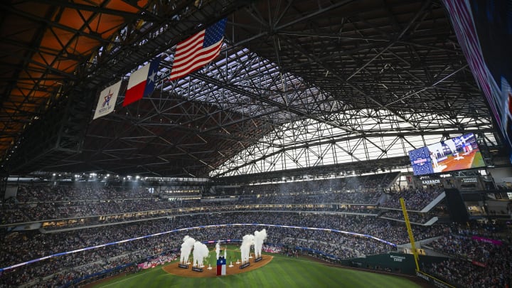 Jul 15, 2024; Arlington, TX, USA; A view of the stadium and the smoke and the fireworks before the 2024 All Star Game Home Run Derby at Globe Life Field. Mandatory Credit: Jerome Miron-USA TODAY Sports