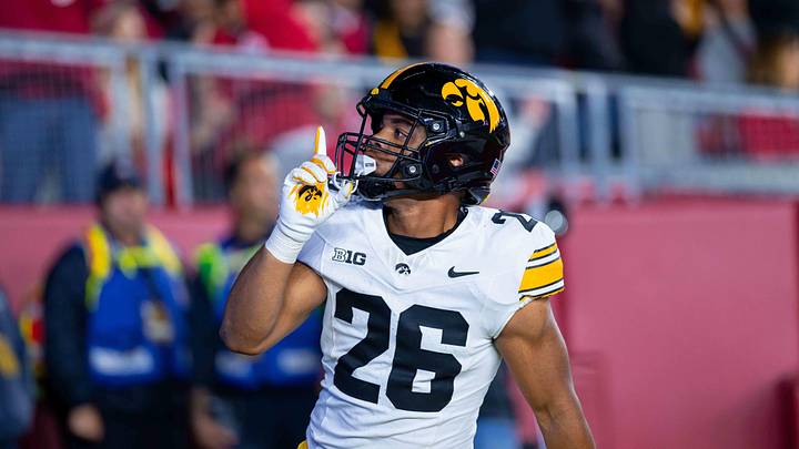 Oct 11, 2025; Madison, Wisconsin, USA; Iowa Hawkeyes running back Xavier Williams (26) celebrates a touchdown in the second half against the Wisconsin Badgers at Camp Randall Stadium. Mandatory Credit: Ross Harried-Imagn Images Oct 11, 2025; Madison, Wisconsin, USA; Iowa Hawkeyes running back Xavier Williams (26) celebrates a touchdown in the second half against the Wisconsin Badgers at Camp Randall Stadium. Mandatory Credit: Ross Harried-Imagn Images