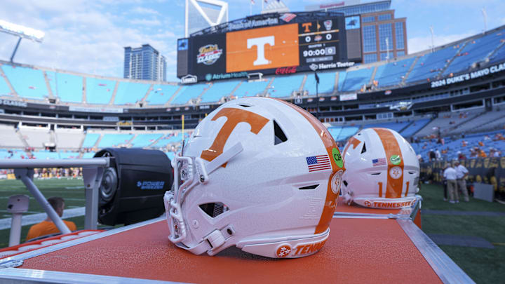 Sep 7, 2024; Charlotte, North Carolina, USA; Tennessee Volunteers helmets before the game against the North Carolina State Wolfpack for the Dukes Mayo Classic at Bank of America Stadium. Mandatory Credit: Jim Dedmon-Imagn Images