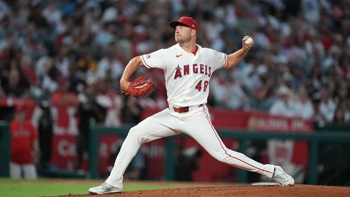 Sep 2, 2026; Anaheim, California, USA; Los Angeles Angels pitcher Reid Detmers (48) throws a pitch against the New York Yankees during the sixth inning at Angel Stadium. Mandatory Credit: Kirby Lee-Imagn Images Sep 2, 2026; Anaheim, California, USA; Los Angeles Angels pitcher Reid Detmers (48) throws a pitch against the New York Yankees during the sixth inning at Angel Stadium. Mandatory Credit: Kirby Lee-Imagn Images