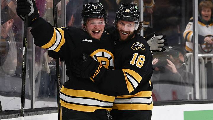 Boston Bruins forwards Casey Mittelstadt and Pavel Zacha