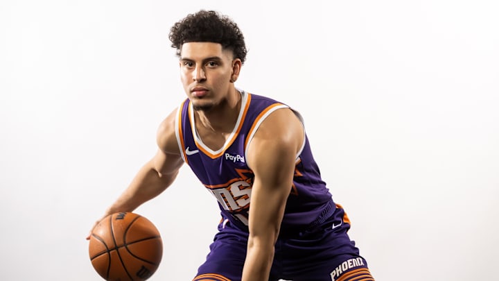 Sep 24, 2025; Phoenix, AZ, USA; Phoenix Suns guard Koby Brea (14) poses for portrait during Media Day at PHX Arena. Mandatory Credit: Mark J. Rebilas-Imagn Images