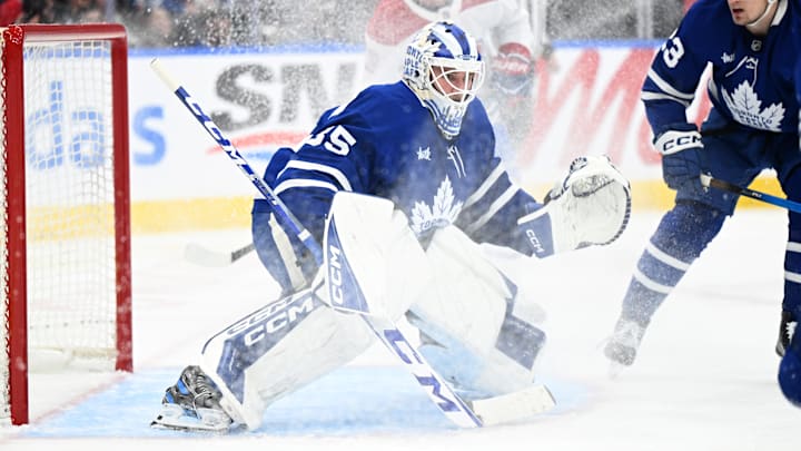 Dec 6, 2025; Toronto, Ontario, CAN;  Toronto Maple Leafs goalie Dennis Hildeby (35) is sprayed with ice chips against the Montreal Canadiens in the second period at Scotiabank Arena. Mandatory Credit: Dan Hamilton-Imagn Images