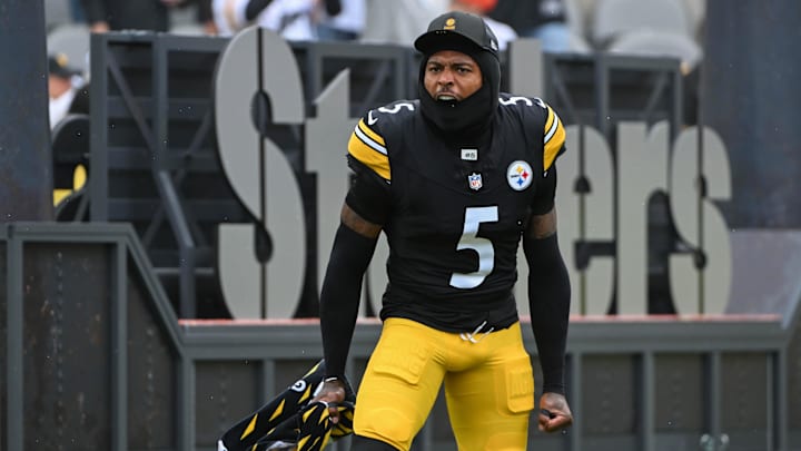 Oct 12, 2025; Pittsburgh, Pennsylvania, USA; Pittsburgh Steelers cornerback Jalen Ramsey (5) takes the field for a game against the Cleveland Browns at Acrisure Stadium. Mandatory Credit: Barry Reeger-Imagn Images
