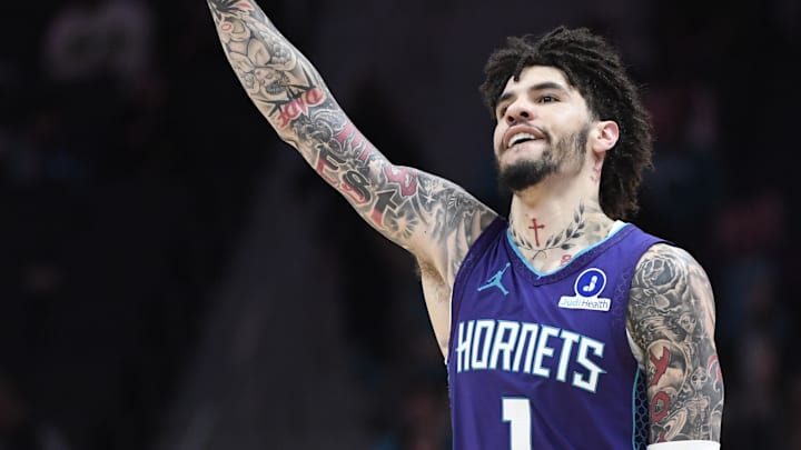 Jan 8, 2026; Charlotte, North Carolina, USA;  Charlotte Hornets guard LaMelo Ball (1) reacts after scoring during the second half against the Indiana pacers at the Spectrum Center. Mandatory Credit: Sam Sharpe-Imagn Images