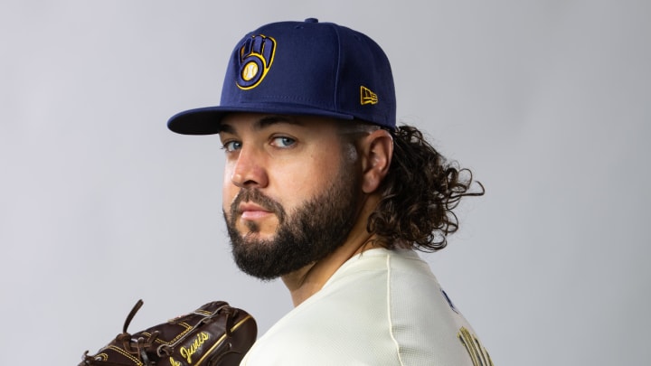 Feb 22, 2024; Phoenix, AZ, USA; Milwaukee Brewers pitcher Jakob Junis poses for a portrait during photo day at Maryvale Baseball Park. Mandatory Credit: Mark J. Rebilas-USA TODAY Sports Feb 22, 2024; Phoenix, AZ, USA; Milwaukee Brewers pitcher Jakob Junis poses for a portrait during photo day at Maryvale Baseball Park. Mandatory Credit: Mark J. Rebilas-USA TODAY Sports
