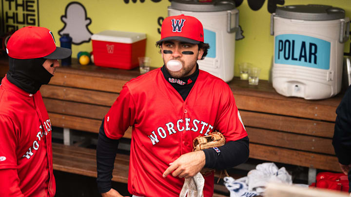 Marcelo Mayer blows a bubble with his gum in the WooSox dugout during a game on April 13, 2025 at Polar Park. Marcelo Mayer blows a bubble with his gum in the WooSox dugout during a game on April 13, 2025 at Polar Park.