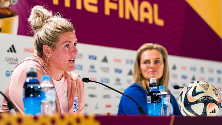Millie Bright addresses the media as England manager Sarina Wiegman looks on Millie Bright addresses the media as England manager Sarina Wiegman looks on