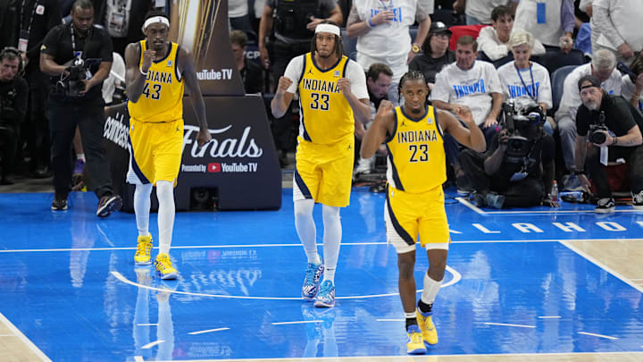 Jun 5, 2025; Oklahoma City, Oklahoma, USA; Indiana Pacers forward Pascal Siakam (43), center Myles Turner (33), and forward Aaron Nesmith (23) reacts after a play against the Oklahoma City Thunder during the fourth quarter in game one of the 2025 NBA Finals at Paycom Center. Mandatory Credit: Kyle Terada-Imagn Images