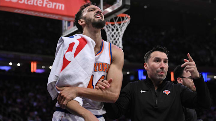 Oct 15, 2024; New York, New York, USA; New York Knicks guard Landry Shamet (44) heads to the locker room after an injury during the second half against the Charlotte Hornets at Madison Square Garden. Mandatory Credit: John Jones-Imagn Images