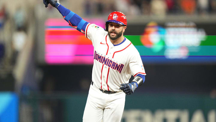 Mar 13, 2026; Miami, FL, United States; Dominican Republic catcher Austin Wells (28) rounds the bases after hitting a walk-off home run in the seventh inning against Korea during a quarterfinal game of the 2026 World Baseball Classic at loanDepot Park. Mandatory Credit: Jim Rassol-Imagn Images