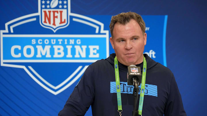 Feb 25, 2025; Indianapolis, IN, USA; Tennessee Titans general manager Mike Borgonzi speaks during the NFL Scouting Combine at the Indiana Convention Center. Mandatory Credit: Kirby Lee-Imagn Images