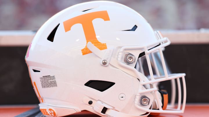 Oct 5, 2024; Fayetteville, Arkansas, USA; General view of a Tennessee Volunteers helmet prior to the game against the Arkansas Razorbacks at Donald W. Reynolds Razorback Stadium. Mandatory Credit: Nelson Chenault-Imagn Images