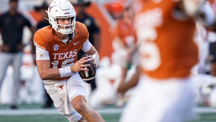 Texas Longhorns quarterback Arch Manning (16) looks to throw the ball as the Texas Longhorns take on Mississippi State at Darrell K Royal-Texas Memorial Stadium in Austin Saturday, Sept. 28, 2024. Texas Longhorns quarterback Arch Manning (16) looks to throw the ball as the Texas Longhorns take on Mississippi State at Darrell K Royal-Texas Memorial Stadium in Austin Saturday, Sept. 28, 2024.