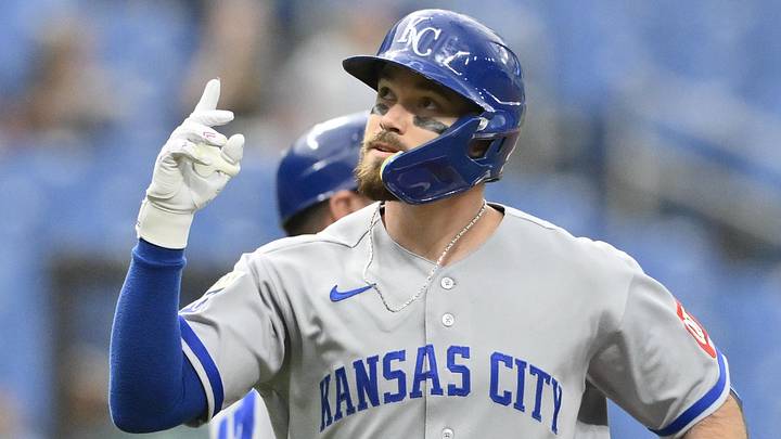 Jun 23, 2026; St. Petersburg, Florida, USA; Kansas City Royals third baseman Nick Loftin (12) celebrates a home run during the first inning against Tampa Bay Rays at Tropicana Field. Mandatory Credit: Pablo Robles-Imagn Images