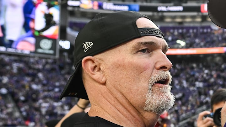 Minnesota Vikings head coach Kevin O'Connell reacts with Washington Commanders head coach Dan Quinn. Minnesota Vikings head coach Kevin O'Connell reacts with Washington Commanders head coach Dan Quinn.
