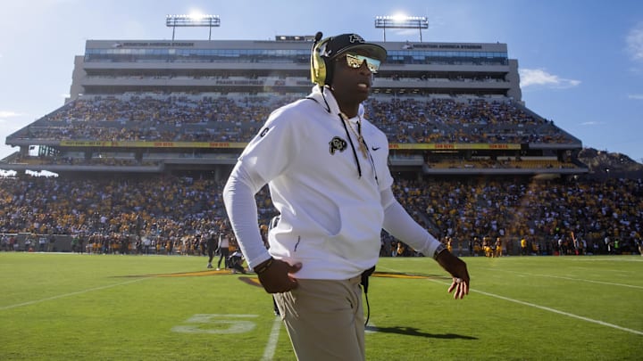 Oct 7, 2023; Tempe, Arizona, USA; Colorado Buffaloes head coach Deion Sanders against the Arizona State Sun Devils at Mountain America Stadium. Mandatory Credit: Mark J. Rebilas-Imagn Images