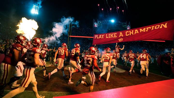 Oklahoma takes the field before a first-round College Football Playoff game between the University of Oklahoma Sooners (OU) and the Alabama Crimson Tide. at Gaylord Family – Oklahoma Memorial Stadium in Norman, Okla., Friday, Dec. 19, 2025. Alabama won 34-24. Oklahoma takes the field before a first-round College Football Playoff game between the University of Oklahoma Sooners (OU) and the Alabama Crimson Tide. at Gaylord Family – Oklahoma Memorial Stadium in Norman, Okla., Friday, Dec. 19, 2025. Alabama won 34-24.