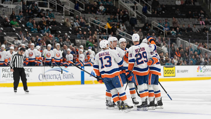 Mar 7, 2024; San Jose, California, USA; New York Islanders center Mathew Barzal (13) and center