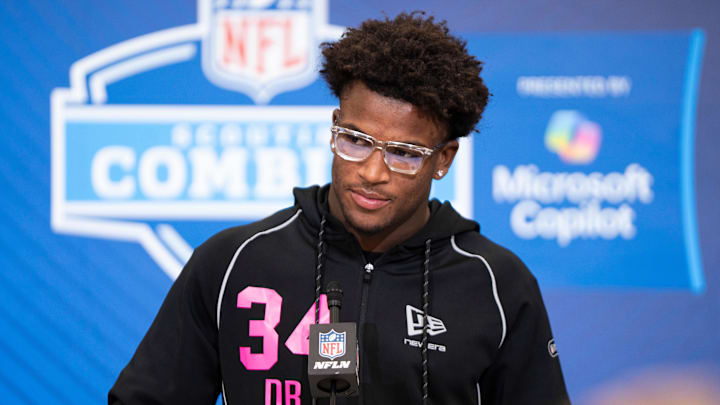 Feb 26, 2026; Indianapolis, IN, USA; Ohio State defensive back Caleb Downs (DB34) speaks to members of the media during the NFL Combine at the Indiana Convention Center. Mandatory Credit: Jacob Musselman-Imagn Images