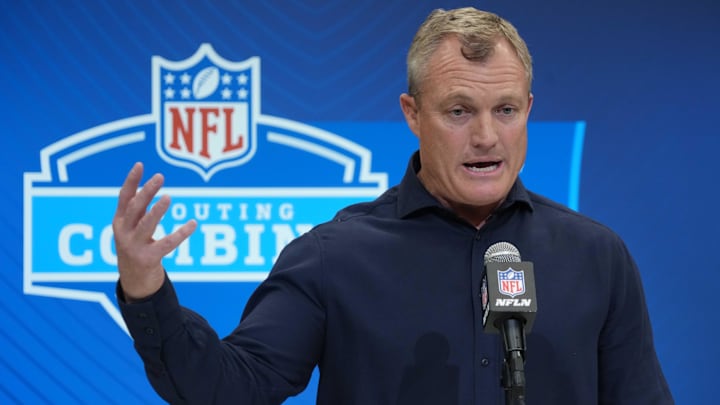 Feb 27, 2025; Indianapolis, IN, USA; San Francisco 49ers general manager John Lynch speaks during the 2025 NFL Scouting Combine at the Indiana Convention Center. Mandatory Credit: Kirby Lee-Imagn Images Feb 27, 2025; Indianapolis, IN, USA; San Francisco 49ers general manager John Lynch speaks during the 2025 NFL Scouting Combine at the Indiana Convention Center. Mandatory Credit: Kirby Lee-Imagn Images