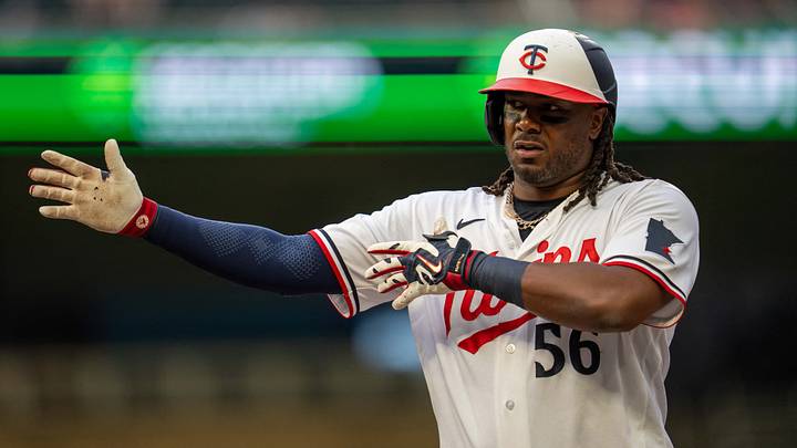 Jul 8, 2026; Minneapolis, Minnesota, USA; Minnesota Twins designated hitter Josh Bell (56) celebrates hitting a single against the Cleveland Guardians in the fourth inning at Target Field. Mandatory Credit: Jesse Johnson-Imagn Images Jul 8, 2026; Minneapolis, Minnesota, USA; Minnesota Twins designated hitter Josh Bell (56) celebrates hitting a single against the Cleveland Guardians in the fourth inning at Target Field. Mandatory Credit: Jesse Johnson-Imagn Images