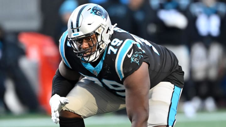 Dec 24, 2022; Charlotte, North Carolina, USA;  Carolina Panthers offensive tackle Ikem Ekwonu (79) at the line in the fourth quarter at Bank of America Stadium. Mandatory Credit: Bob Donnan-USA TODAY Sports