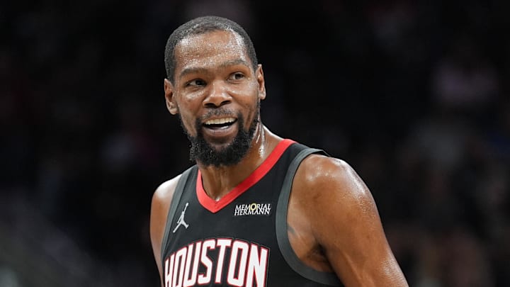 Mar 8, 2026; San Antonio, Texas, USA;  Houston Rockets forward Kevin Durant (7) looks over in the first half against the San Antonio Spurs at Frost Bank Center. Mandatory Credit: Daniel Dunn-Imagn Images