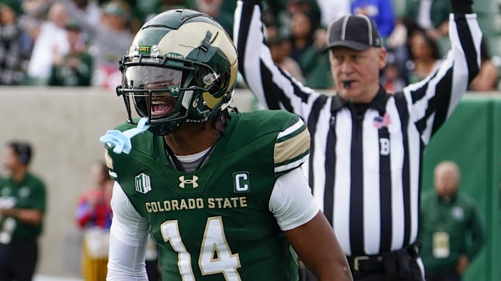Nov 18, 2023; Fort Collins, Colorado, USA; Colorado State Rams wide receiver Tory Horton (14) celebrates his touchdown at Sonny Lubick Field at Canvas Stadium.