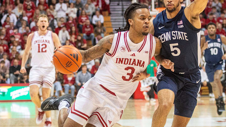 Indiana's Lamar Wilkerson (3) drives past Penn State's Freddie Dilion V (5) during the Indiana versus Penn State men's basketball game at Simon Skjodt Assembly Hall on Tuesday, Dec. 9, 2025. Indiana's Lamar Wilkerson (3) drives past Penn State's Freddie Dilion V (5) during the Indiana versus Penn State men's basketball game at Simon Skjodt Assembly Hall on Tuesday, Dec. 9, 2025.