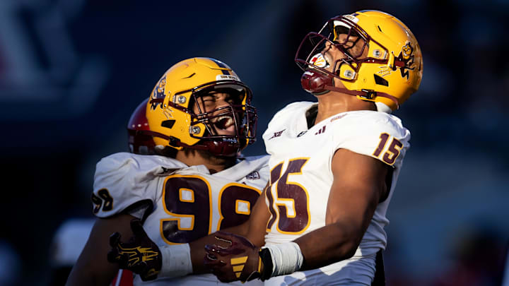 Arizona State Sun Devils defensive linemen Elijah O'Neal (15) and Jacob Rich Kongaika (98). Arizona State Sun Devils defensive linemen Elijah O'Neal (15) and Jacob Rich Kongaika (98).