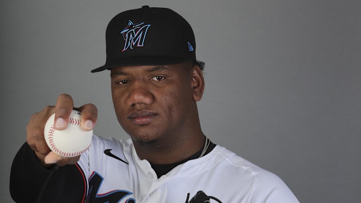 Feb 22, 2024; Jupiter, FL, USA; Miami Marlins pitcher Elvis Alvarado (75) poses for a photo during photo day at the Marlins Player Development & Scouting Complex. Mandatory Credit: Sam Navarro-Imagn Images