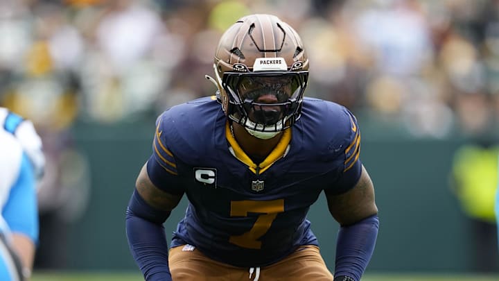 Nov 2, 2025; Green Bay, Wisconsin, USA;  Green Bay Packers linebacker Quay Walker (7) during the game against the Carolina Panthers at Lambeau Field. Mandatory Credit: Jeff Hanisch-Imagn Images