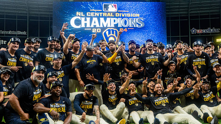 Milwaukee Brewers celebrate the victory over the Philadelphia Phillies and winning the NL Central Division championship on Wednesday September 18, 2024 at American Family Field in Milwaukee, Wis.
