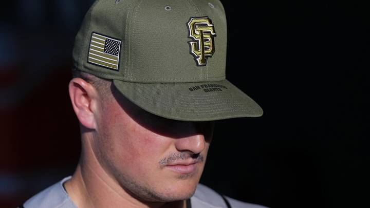 May 16, 2026; West Sacramento, California, USA; San Francisco Giants third baseman Matt Chapman (26) wears a hat as part of Armed Forces Day before the game against the Athletics at Sutter Health Park. Mandatory Credit: Darren Yamashita-Imagn Images May 16, 2026; West Sacramento, California, USA; San Francisco Giants third baseman Matt Chapman (26) wears a hat as part of Armed Forces Day before the game against the Athletics at Sutter Health Park. Mandatory Credit: Darren Yamashita-Imagn Images
